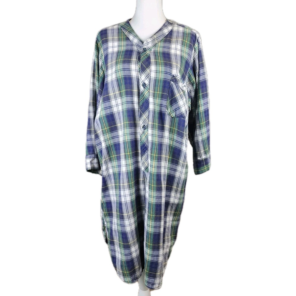 Woolrich Night Shirt Womens Medium Blue Green Plaid PJs Pullover Pajamas 90s VTG